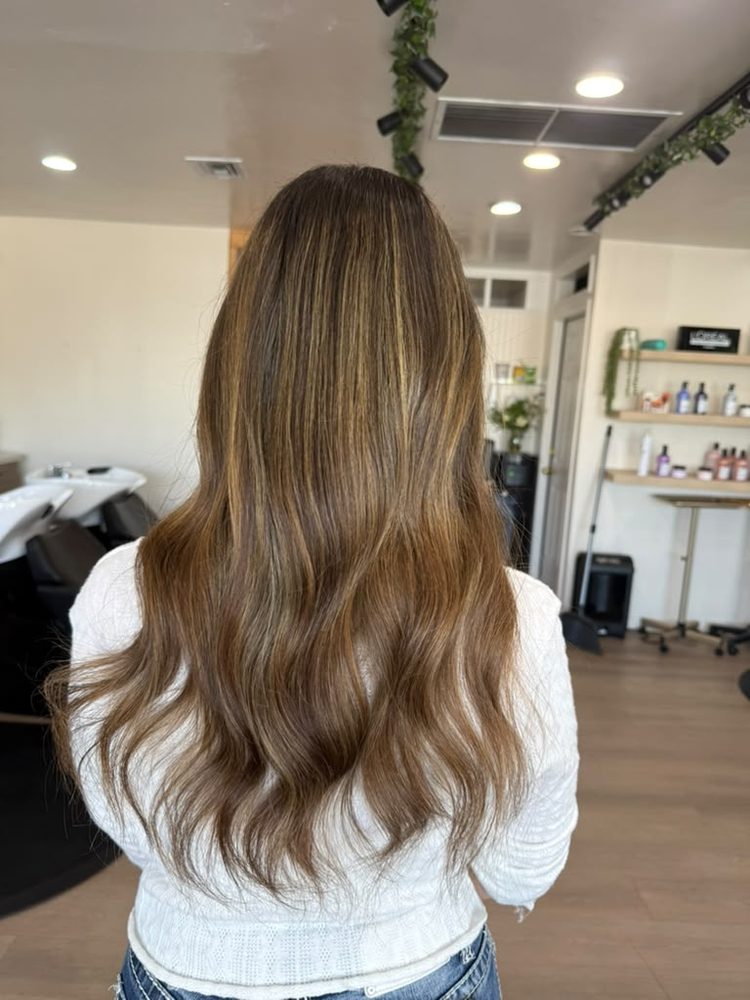 Sun-kissed caramel balayage on long brunette waves, Hair Palette Beauty Salon, El Cajon