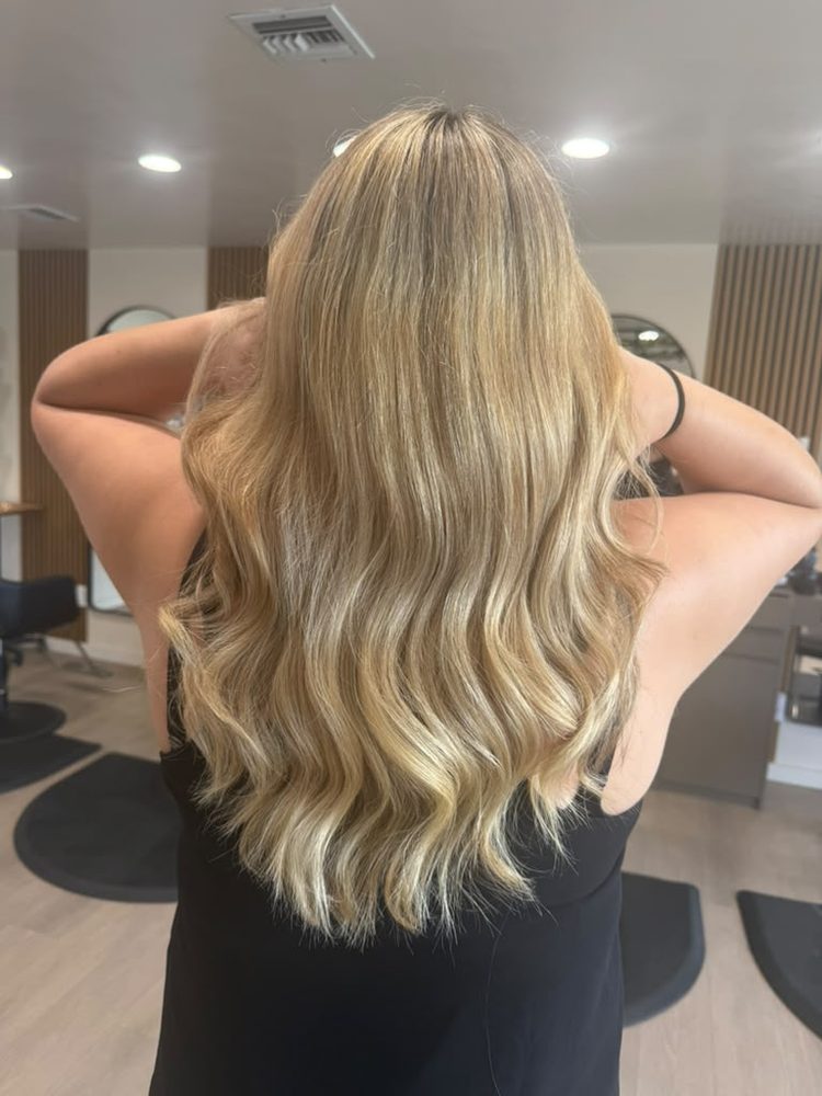 Soft honey-blonde balayage with loose beach waves, Hair Palette Beauty Salon, El Cajon