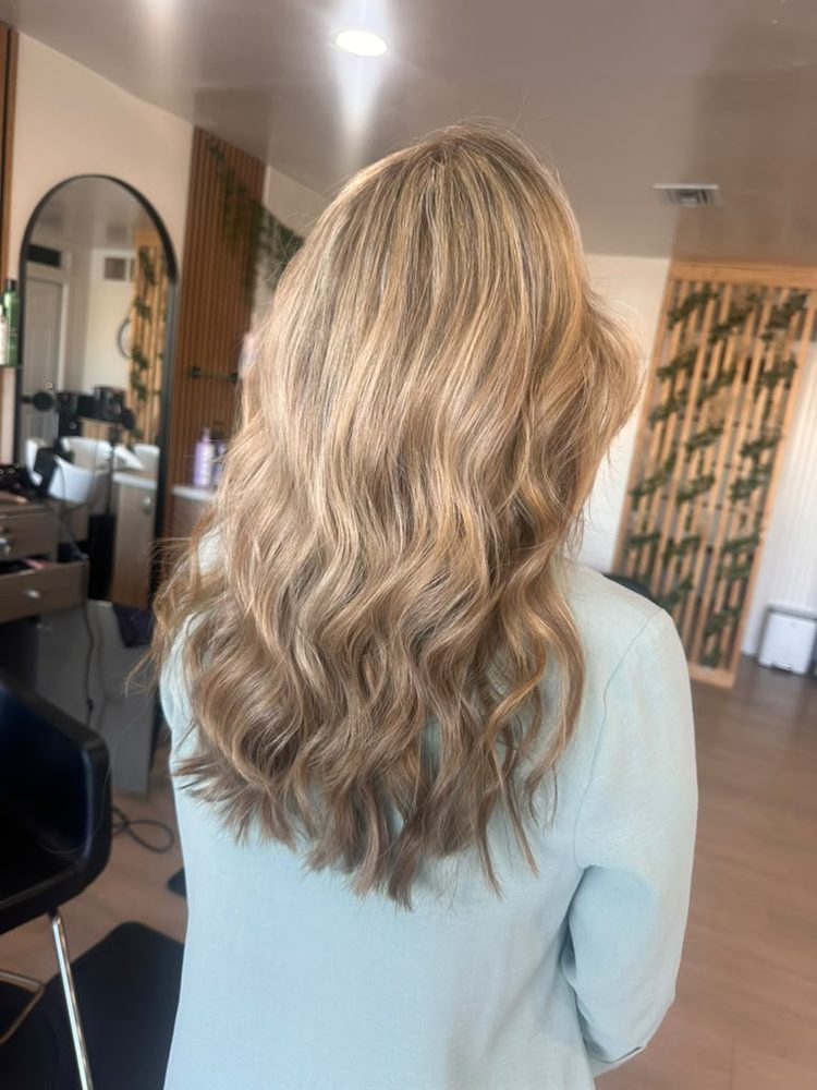 Honey-blonde balayage with soft, dimensional waves, rear view, Hair Palette Beauty Salon, El Cajon