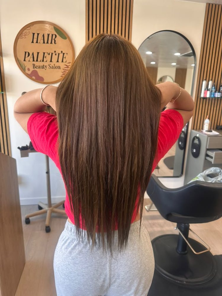 Long, sleek brunette blow-out with a healthy shine, Hair Palette Beauty Salon, El Cajon