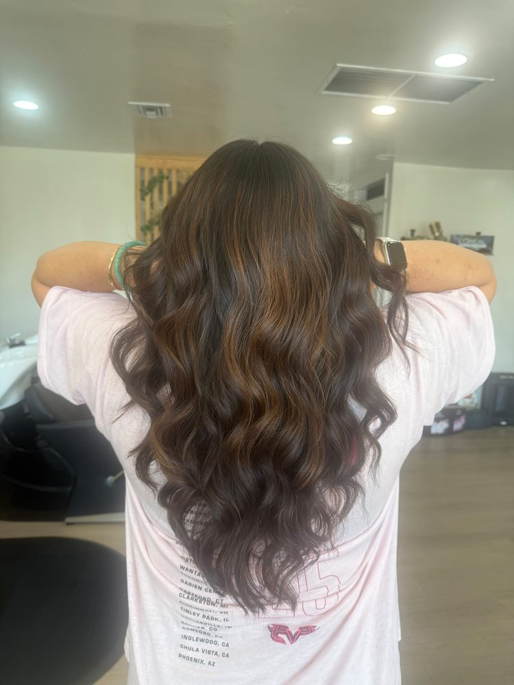 Warm brunette balayage with caramel ribbons and bouncy curls, Hair Palette Beauty Salon, El Cajon