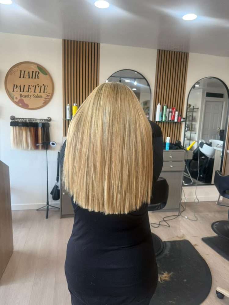 Sleek blonde lob with a clean, blunt finish, Hair Palette Beauty Salon, El Cajon