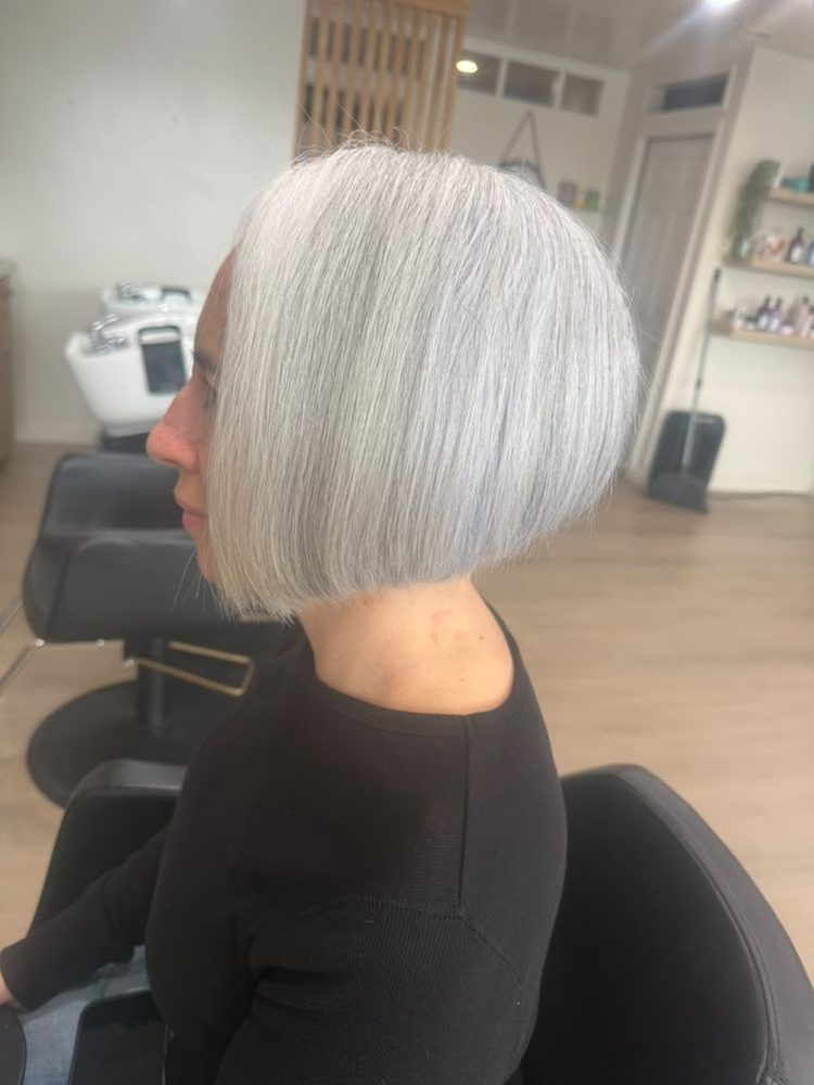 Icy silver bob with a clean, blunt cut, side profile, Hair Palette Beauty Salon, El Cajon