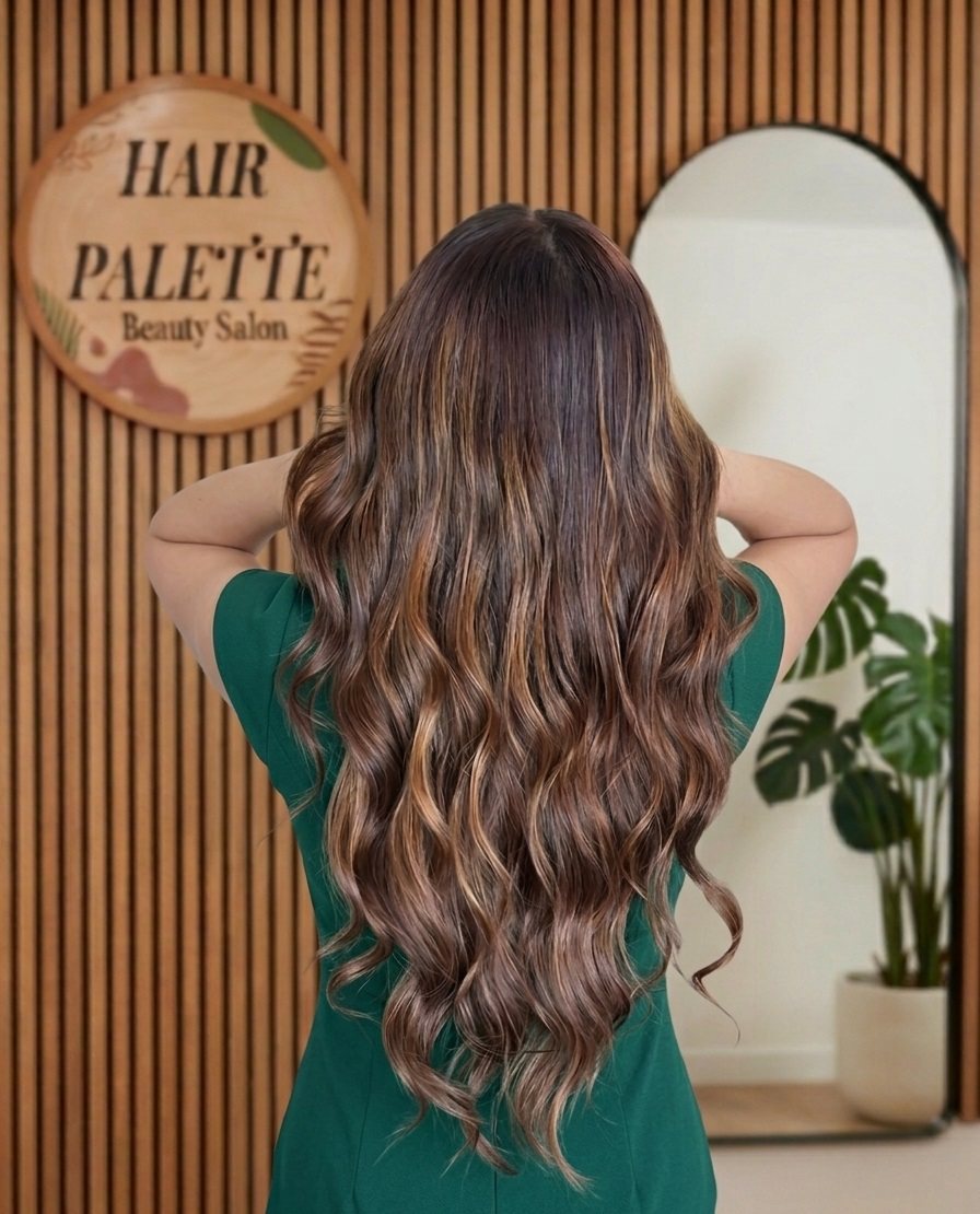 Long, wavy caramel balayage styled from behind at Hair Palette Beauty Salon